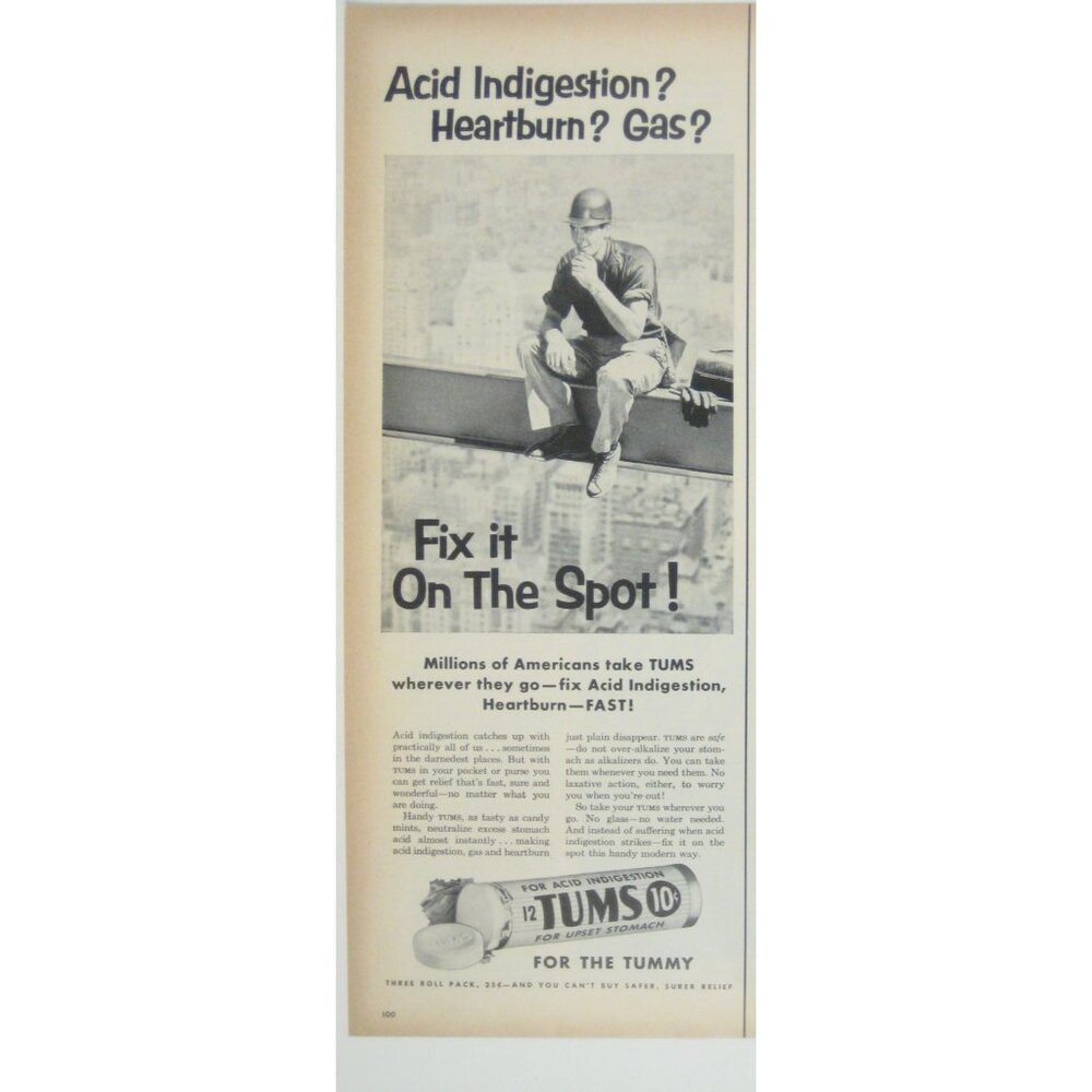 Vintage 1950s Tums Advert Acid Indigestion Print Ad Construction Skyscraper
